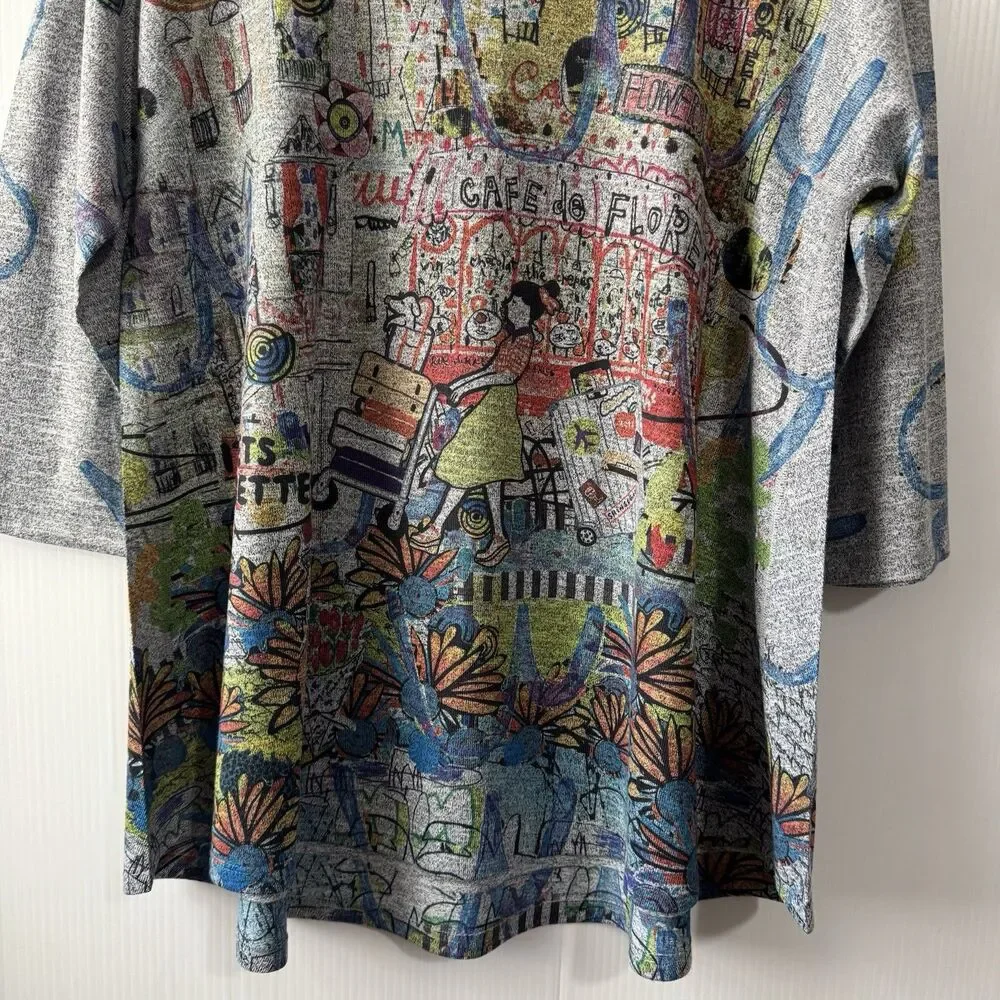 Inoah Women City Walk Crew Neck 3/4 Sleeve Top Size XS Tee Tunic Graffiti